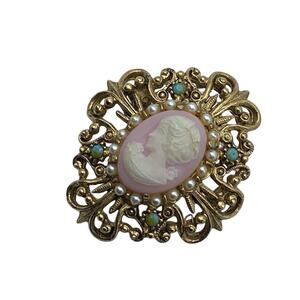 Florenza Cameo Brooch Gold Filigree Faux Pearls Castlecore Gothic Jewel Vintage
